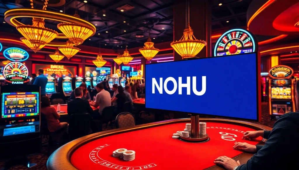 NOHU Casino scene featuring an electrifying poker table with engaged players and vibrant roulette wheel.