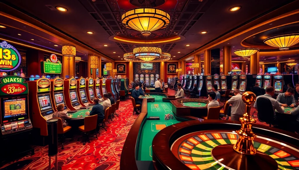 Players enjoying a thrilling casino experience at 13win with vibrant slot machines and poker tables.