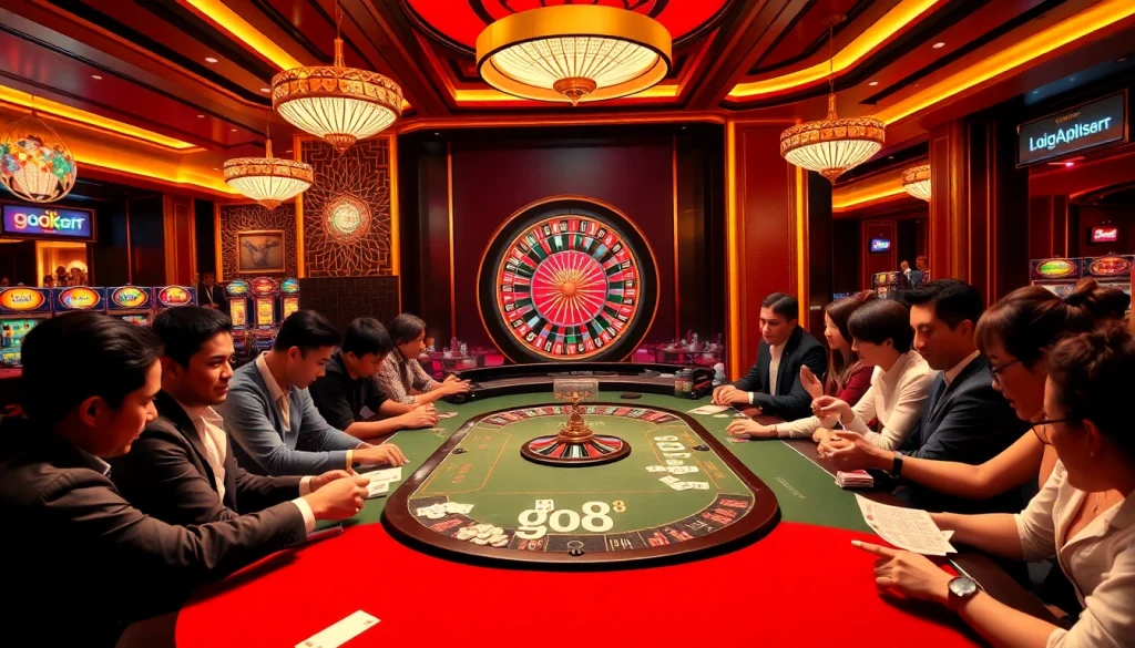 A vibrant casino scene showcasing high-stakes poker at go8 tables, with players engaged and bright slot machines in the background.