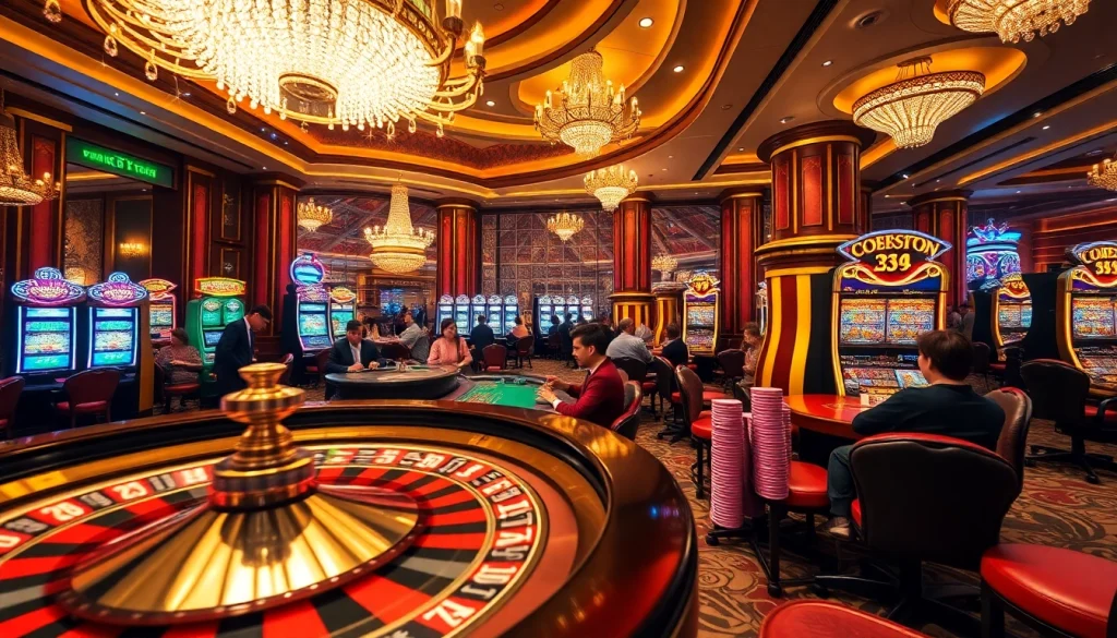 Discover the vibrant casino atmosphere at https://luongsontv42.com/, with players excitedly engaging at roulette and slot machines.