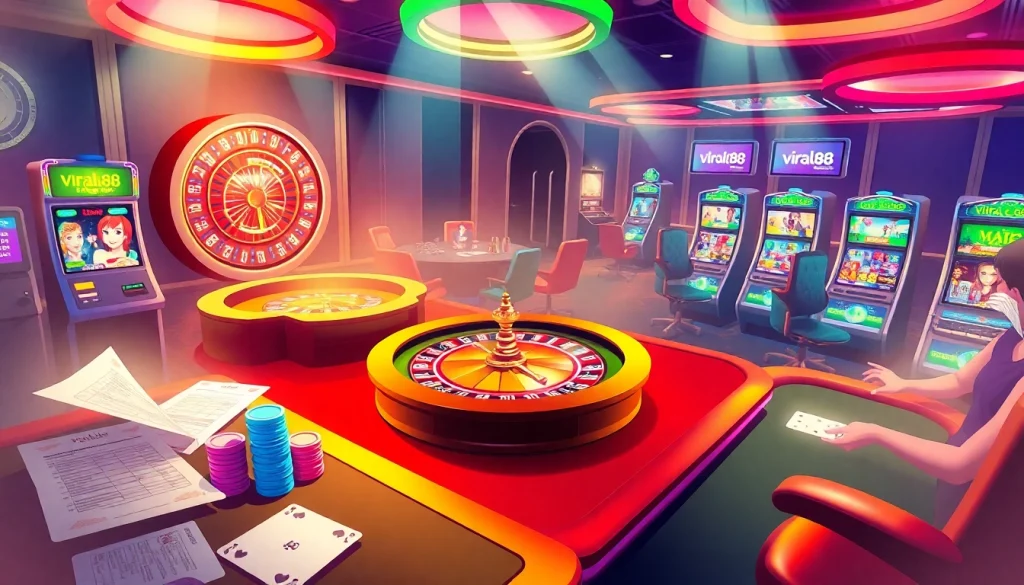 Experience the excitement of online gambling with viral88 on an immersive casino backdrop.