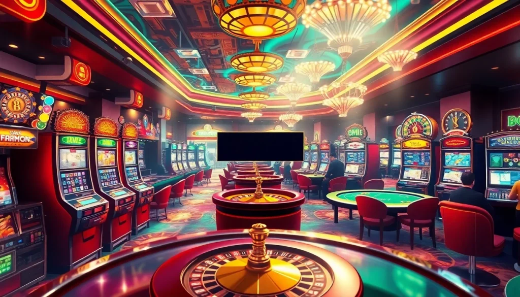 Experience the excitement of online gambling at https://f8beta2.me/, where dazzling slot machines and players are captured in action.