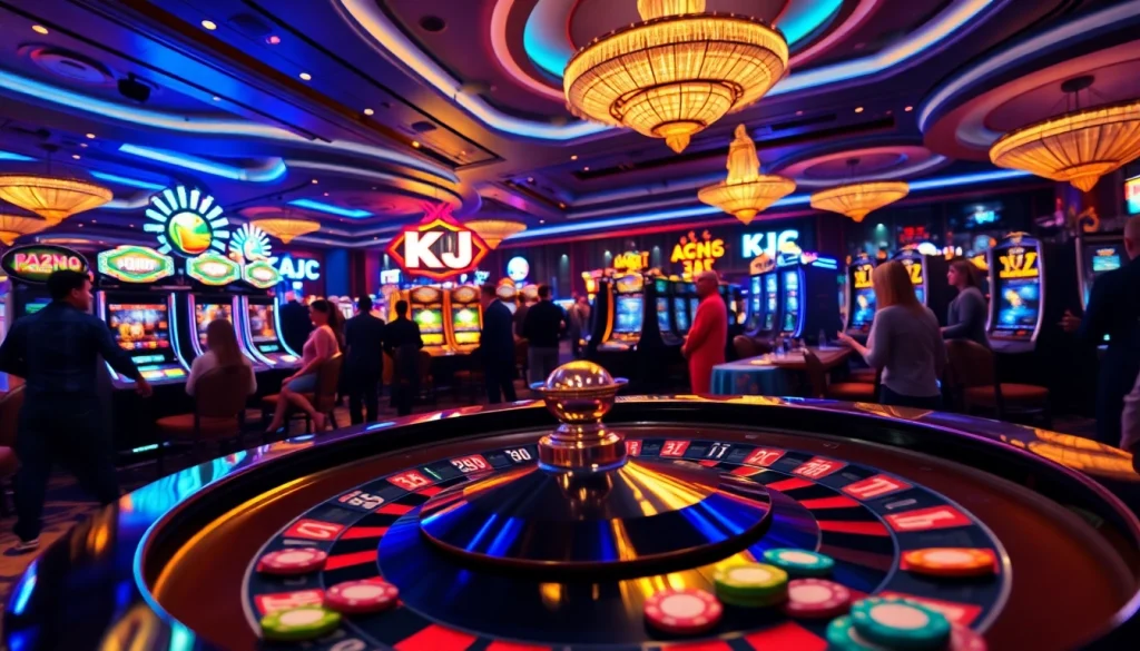 Experience the thrill of KJC at a vibrant casino with players and colorful slot machines.