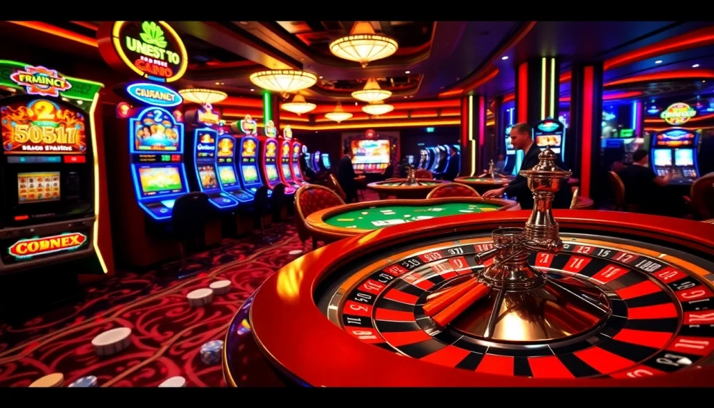 Exciting scene at UU88 casino with players at slot machines and poker tables.