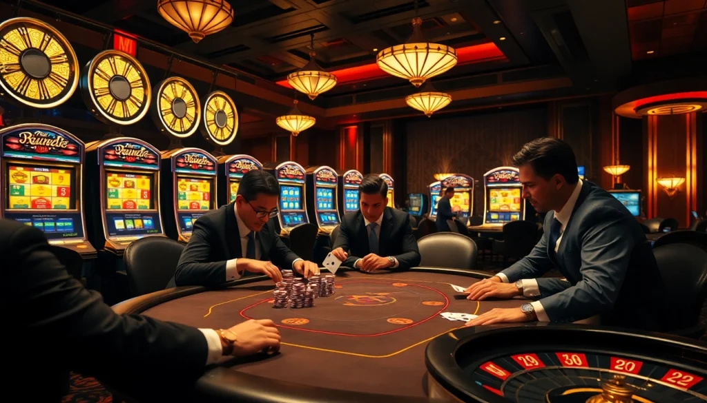 Players in a high-stakes poker game at tv88, surrounded by slot machines and a roulette wheel.
