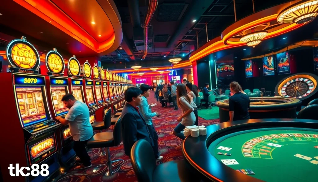 tk88 casino excitement with players at a poker table and vibrant slot machines.