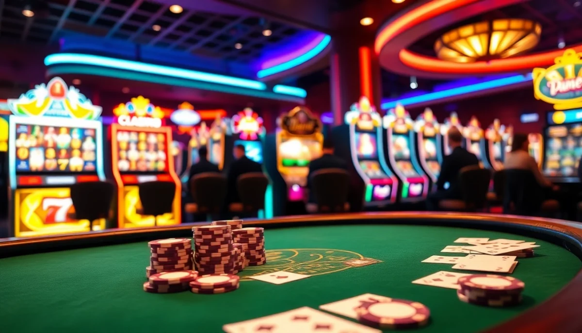 Experience the thrill of BL555 with an exciting online casino scene featuring poker tables and colorful slot machines.