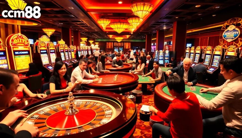 Exciting casino scene featuring various games and a vibrant cm88 logo, embodying the thrill of gambling.