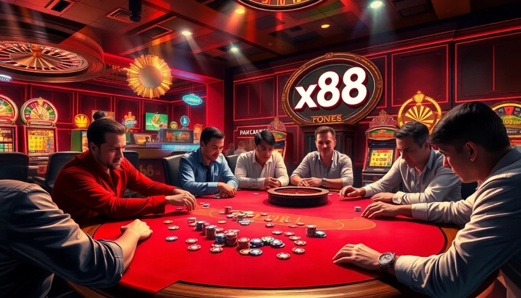 xx88 poker game with colorful chips and players engaged.