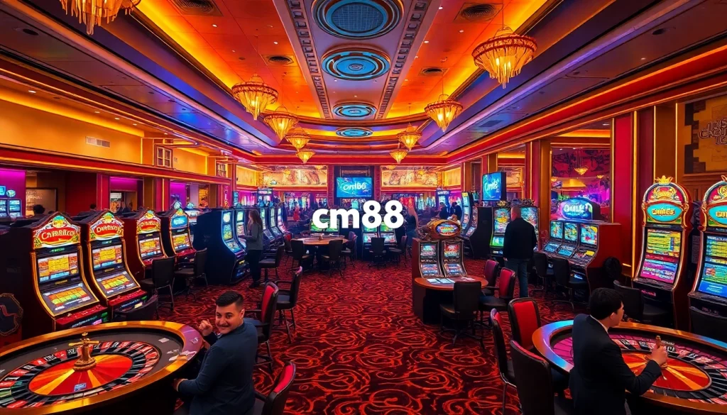 cm88 showcases a luxurious casino interior filled with vibrant slot machines and poker tables, capturing the thrill of gambling.
