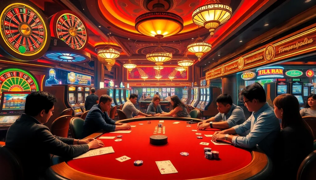Experience the thrill of keonhacai with intense poker games, vibrant slot machines, and engaging roulette wheels in a lively casino.