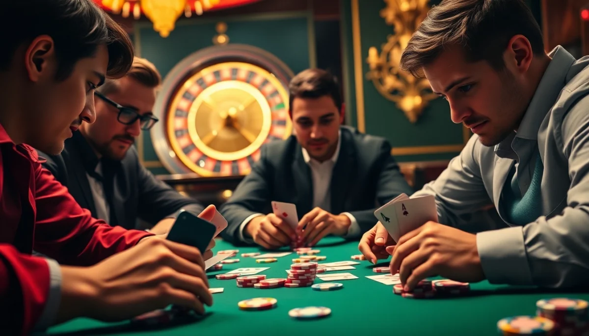 Engage in the thrilling VMAX Game as players strategize their next moves at a vibrant poker table.