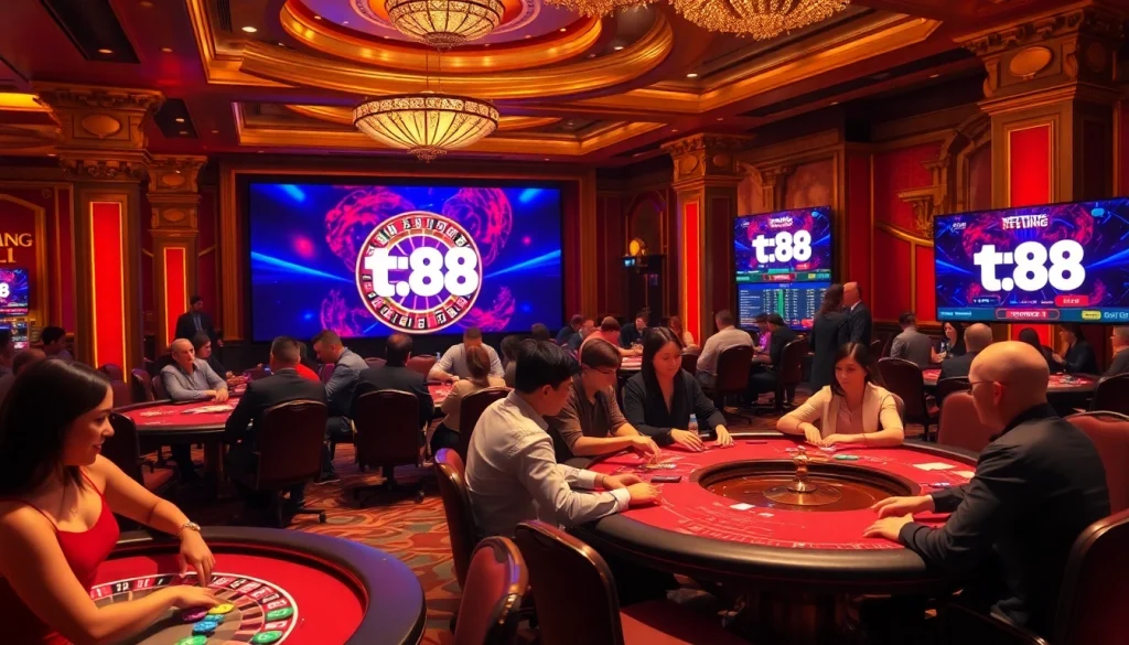 tk88 players enjoy intense poker action in a lavish casino, showcasing chips and cards.