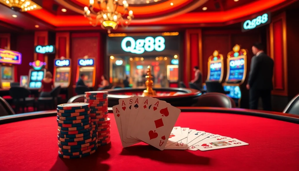 A thrilling moment at a casino table featuring nhà cái qq88 chips, cards, and players.