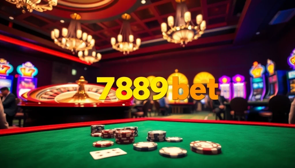 Immerse in the thrilling ambiance of 789 bet's elegant casino, showcasing poker chips and a luxurious roulette wheel.