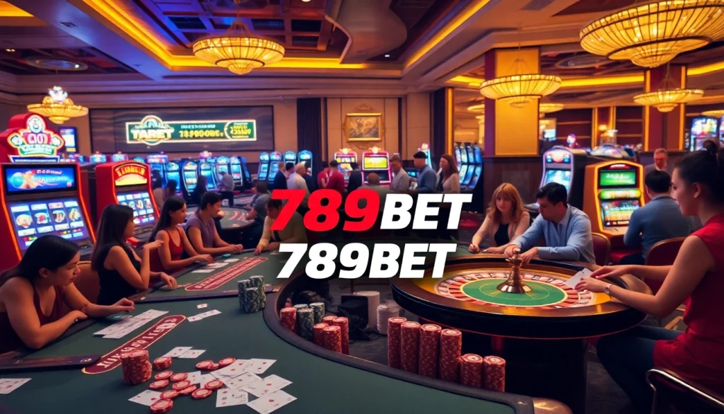 Experience the lively atmosphere of 789BET casino games with players enjoying blackjack and roulette.