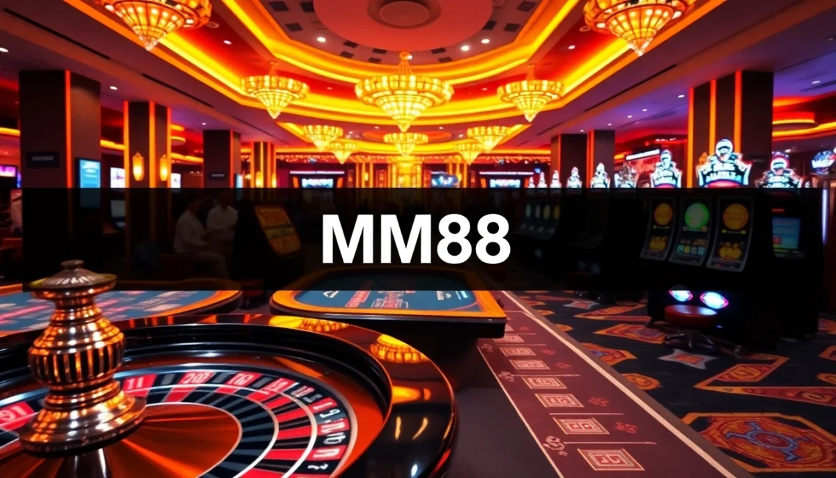 MM88 logo displayed prominently in a lively casino atmosphere with players enjoying slot machines and poker tables.