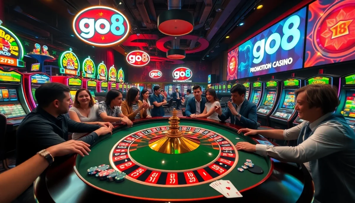 Experience the thrill of go8's roulette table with vibrant players and colorful slot machines all around.