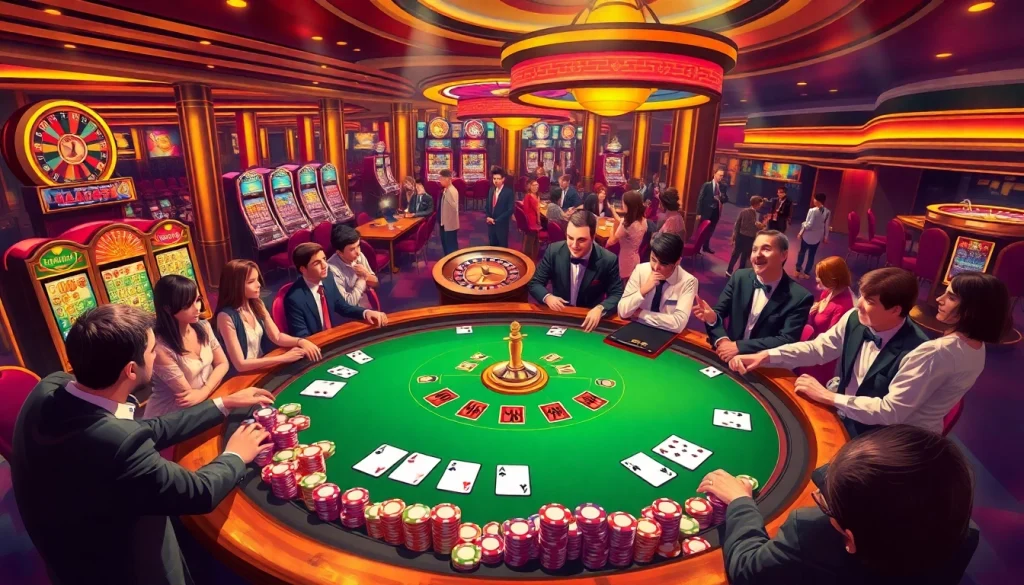 Enjoy a thrilling game with f168 poker chips at a lively casino blackjack table featuring glamorous lighting.