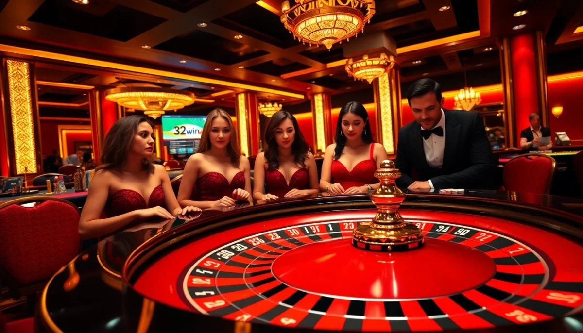 Exciting roulette action at the casino with 32win branding on display.
