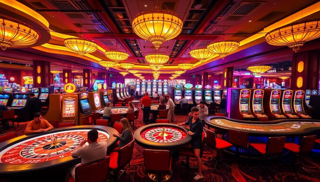 Players enjoying the high-energy atmosphere of 98win9 casino with vibrant tables and slot machines.