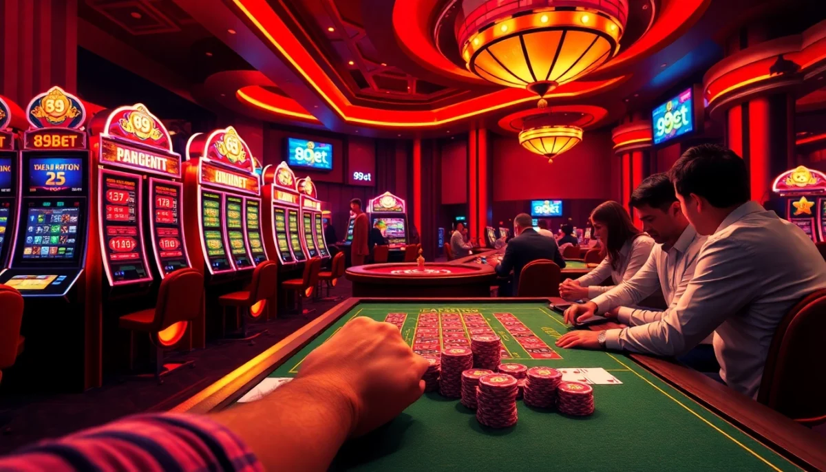 Players enjoying the thrill of betting at 89bet’s exciting casino tables, showcasing vibrant slot machines.