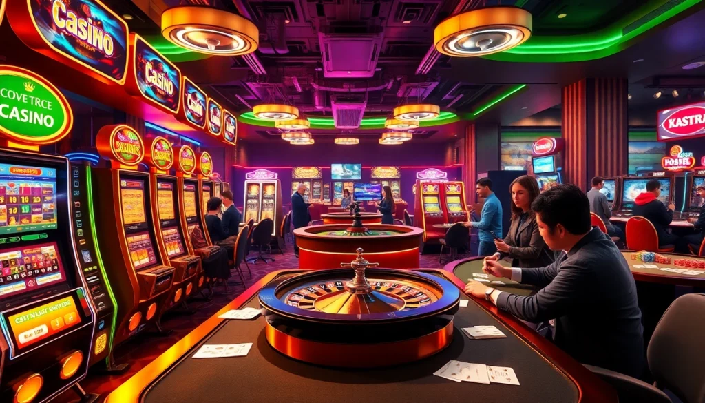 X777 casino scene with players enjoying slots and poker at vibrant tables surrounded by neon lights.