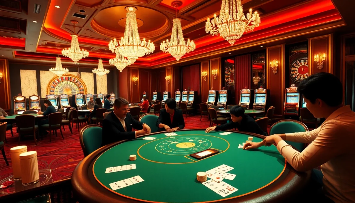 MM88 casino scene with players engaged in a high-stakes poker game, vibrant atmosphere.