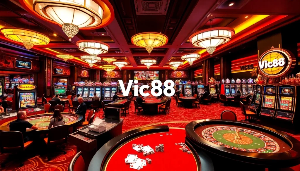 Vic88 casino ambiance with players engaged at roulette tables and poker games.