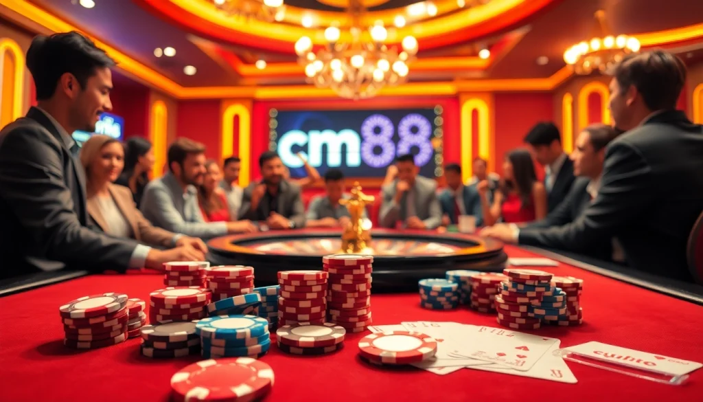 Experience the thrill of cm88 poker with vibrant chips and cards at a lively casino table.