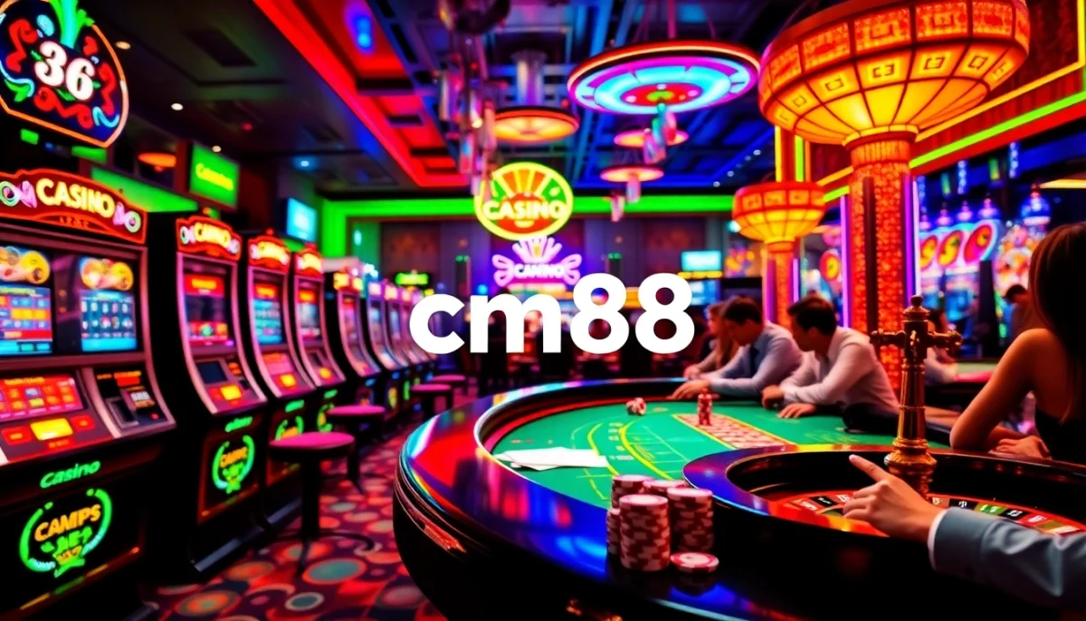 Experience the excitement of cm88 at a lively casino, featuring dazzling slot machines and poker chips.