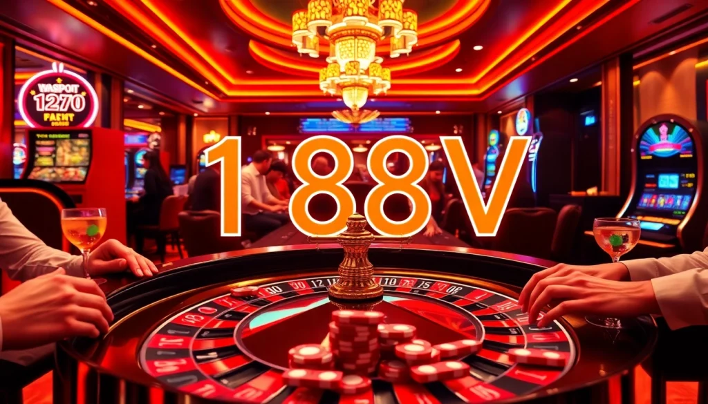 "Experience the excitement at the 188V casino with players enjoying poker and roulette under vibrant neon lights."