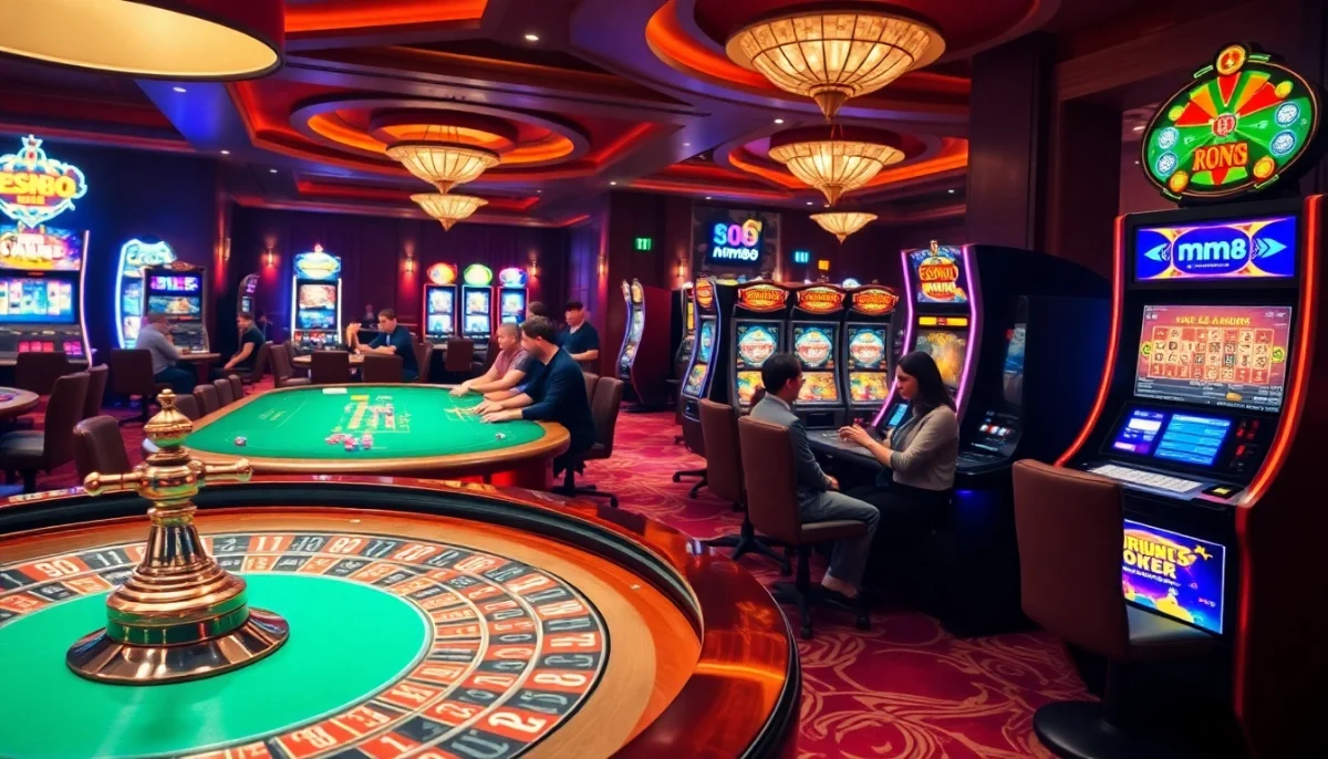 Experience thrilling gambling at mm88 with players at a stylish roulette table in a luxurious casino.