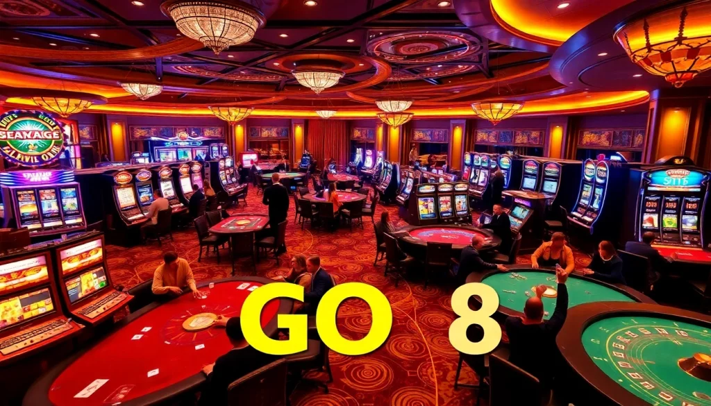 GO8-themed casino scene showcasing poker and vibrant slot machines.