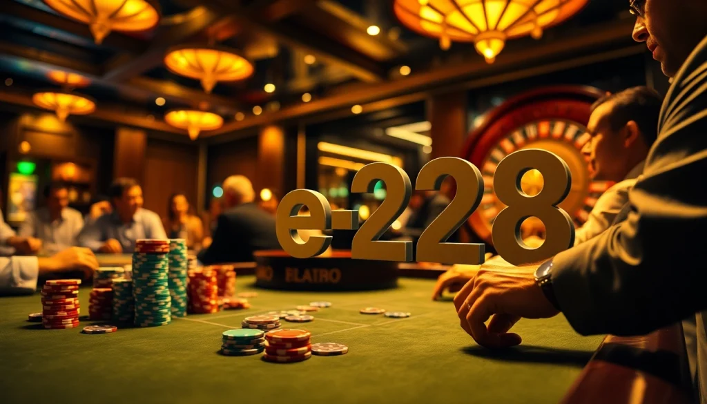 e28 symbolizes luck at a poker table with colorful chips and intense players engaged in a thrilling game.