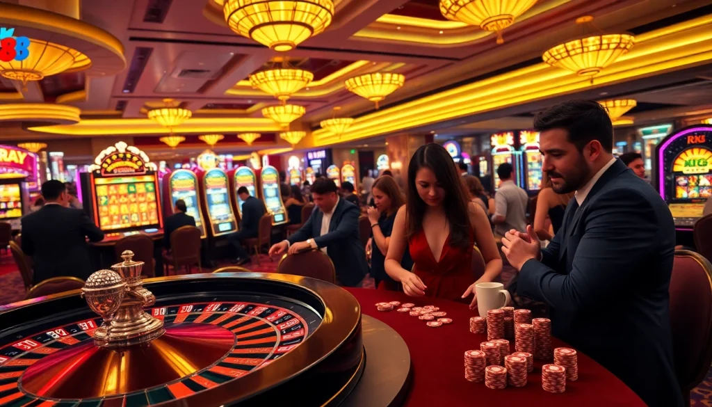 rr88 features a vibrant casino scene with players at roulette tables and slot machines, capturing the thrill of gambling.