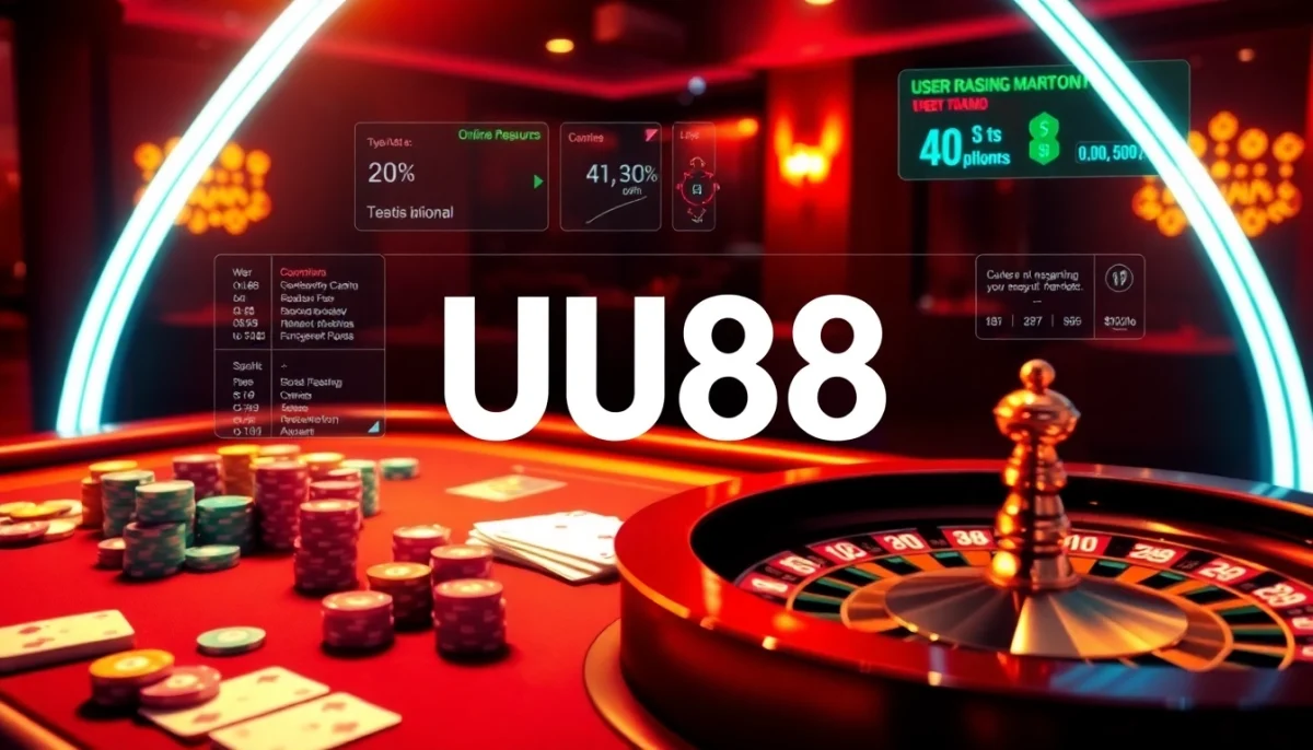 Experience thrilling gameplay at UU88 with vibrant casino tables, poker chips, and roulette wheels.