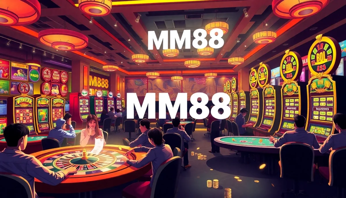 MM88 casino scene featuring players at poker tables and bright slot machines.