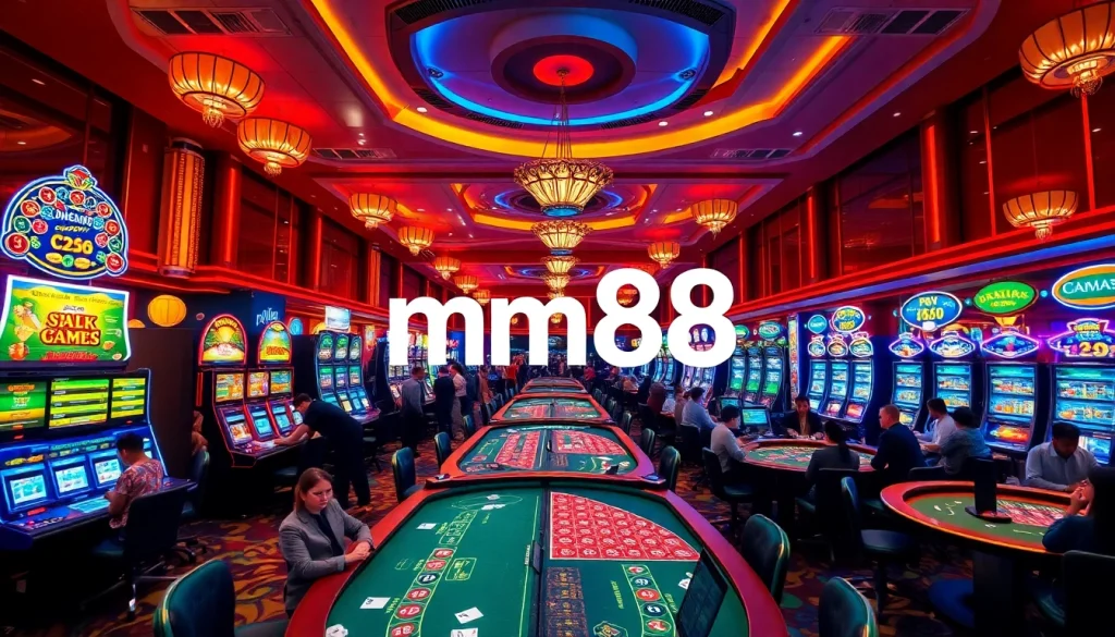 mm88 casino scene with vibrant slot machines and engaging players at gambling tables.