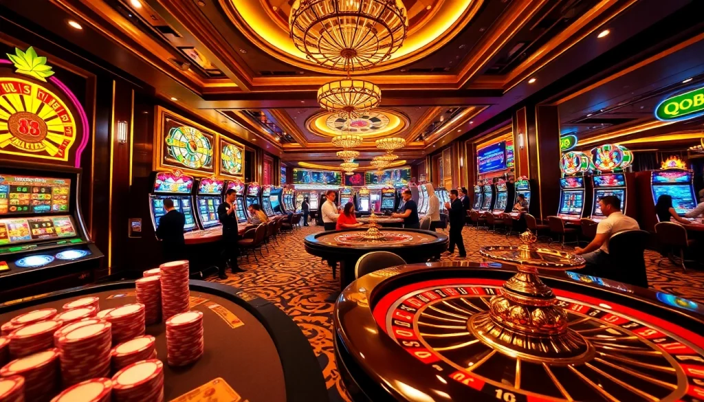 Experience the thrilling world of QQ88 with players at poker tables and roulette wheels in a vibrant casino setting.