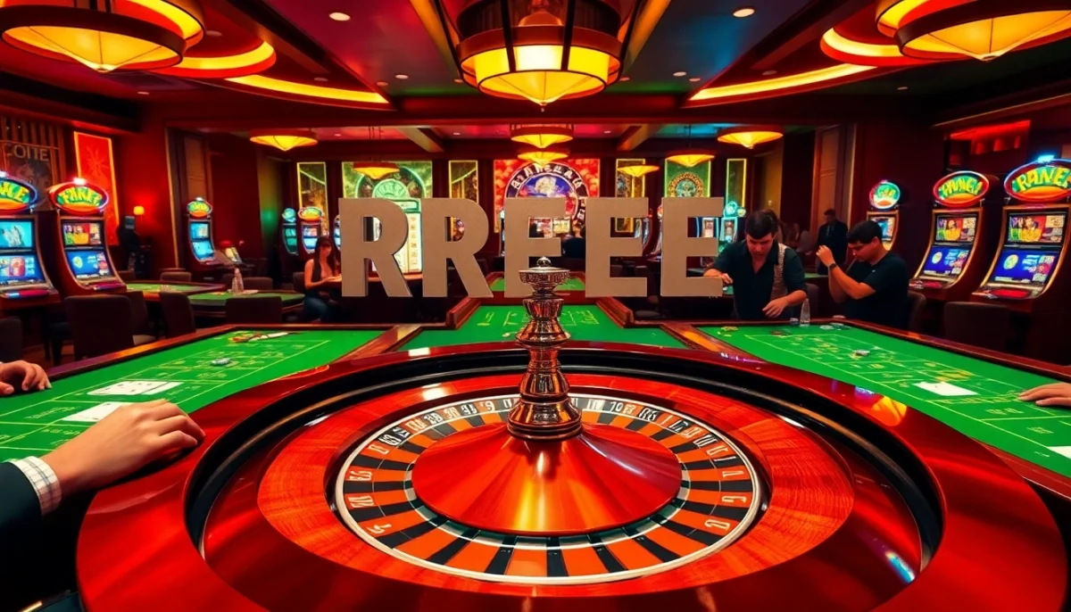 Experience the thrill of a bustling casino scene with RREE poker gameplay at a polished table, featuring eager players and vibrant action.