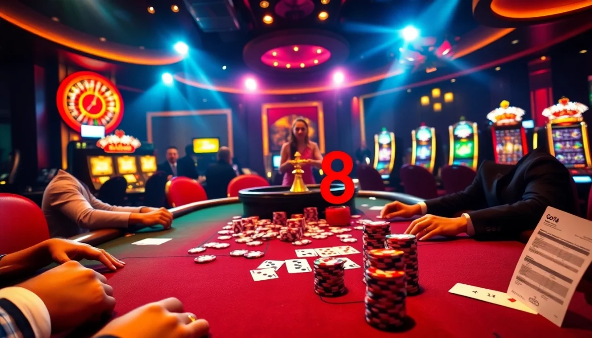 Go8 poker table showcasing vibrant chips and an intense game atmosphere in a luxurious casino setting.
