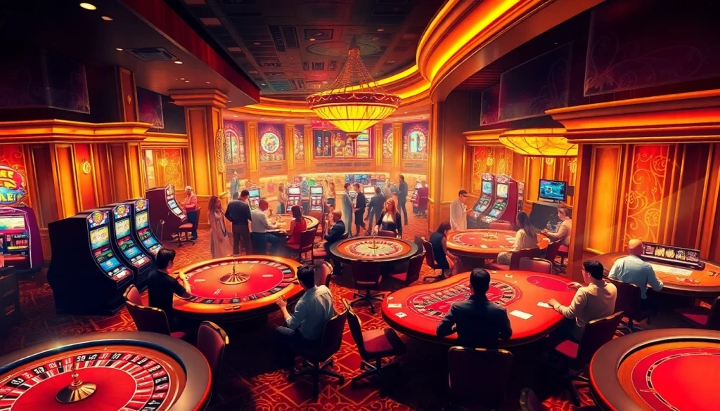 Players enjoying exciting casino games at MM88, showcasing vibrant tables, chips, and slot machines.