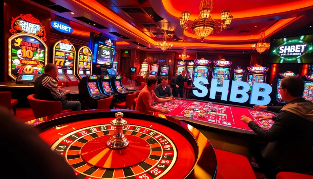 SHBET online casino scene with spinning roulette wheel and players winning.