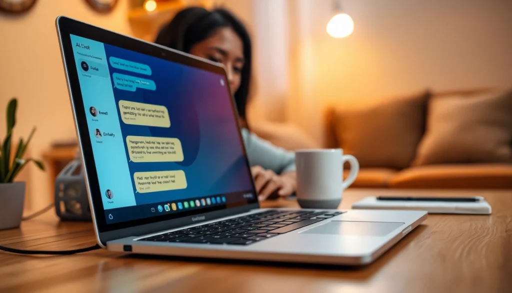 Engaging sex ai chat conversation on a laptop in a cozy setting.