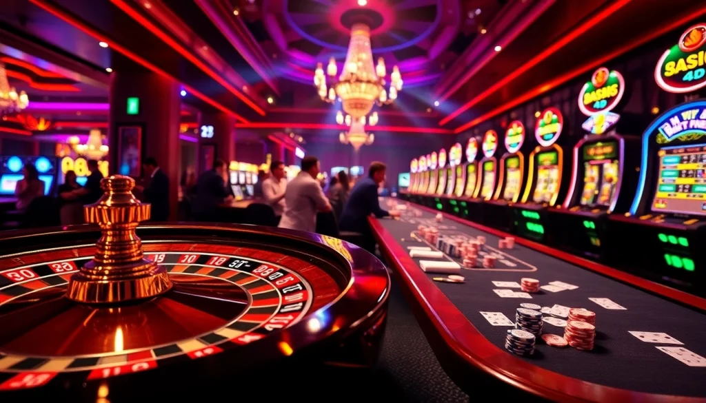 Experience the excitement of gambling at 23wingo.com with players enjoying poker and slot machines in a lively casino ambiance.