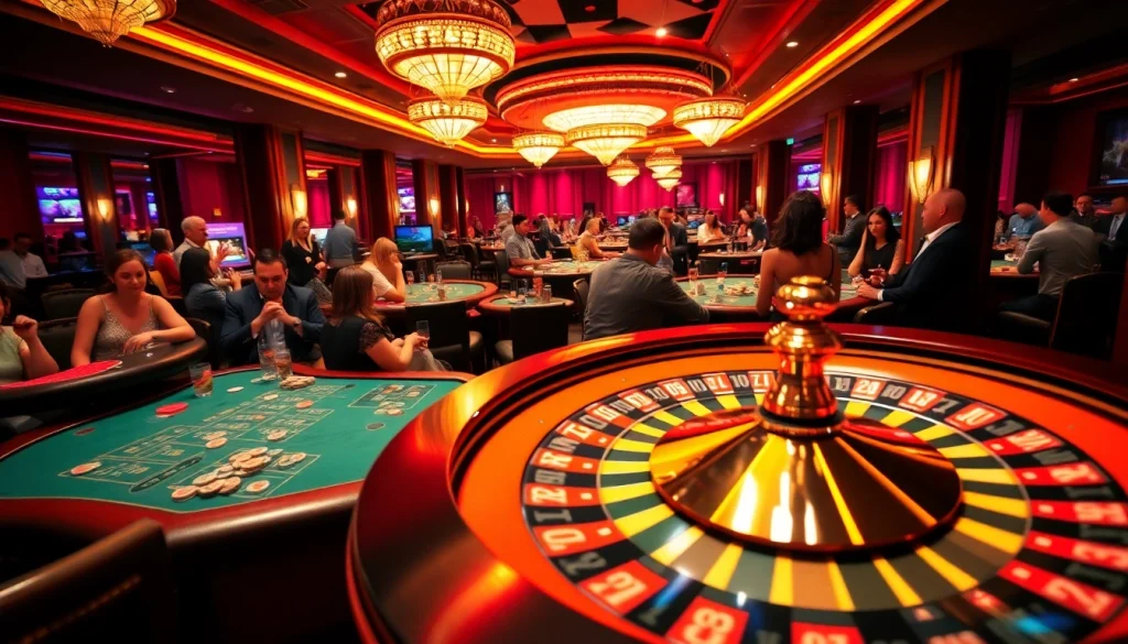 Experience the thrill at red88 as players strategize at poker tables amidst colorful casino lights.