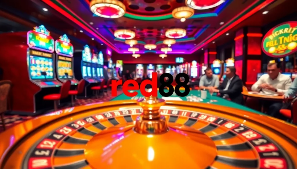 red88 offers an exhilarating view of a busy casino with players at the poker table and roulette wheel.