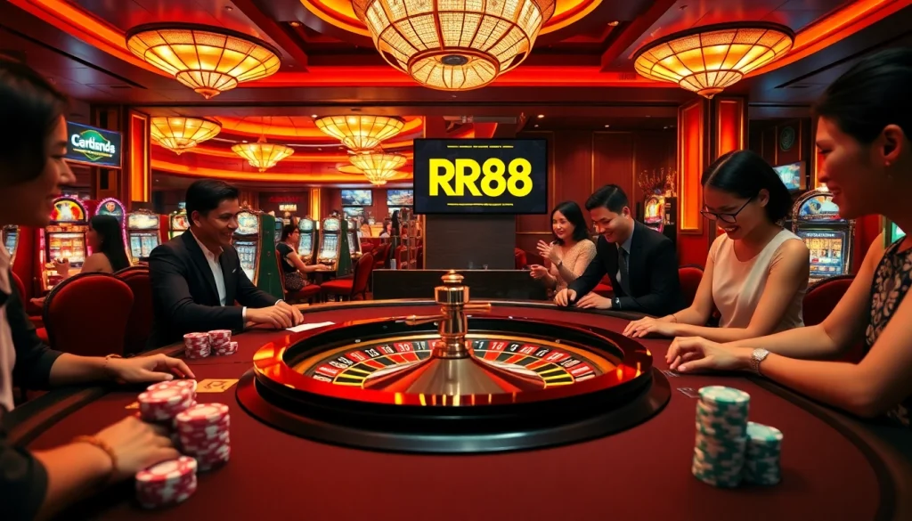 RR88 scene showcasing players celebrating wins at a lively roulette table in a glamorous casino.