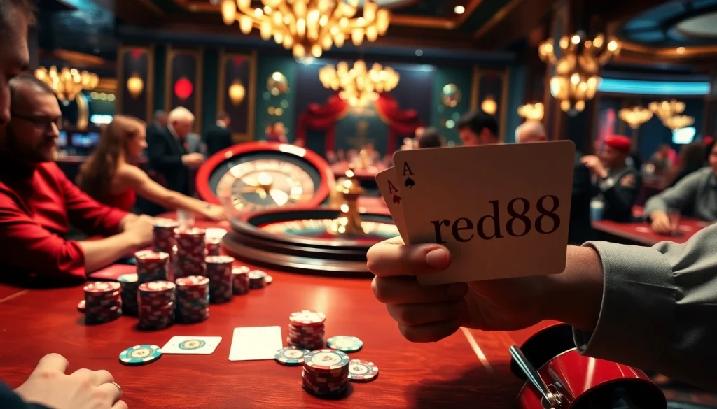 Exciting poker game at red88 casino with vibrant chips and cards.